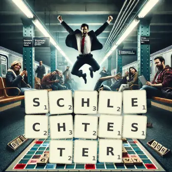 Kreative Illustration für ein Scrabble-Spiel, bei dem das Wort SCHLECHTESTER mit Steinen auf dem Brett gelegt wurde.