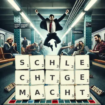 Kreative Illustration für ein Scrabble-Spiel, bei dem das Wort SCHLECHTGEMACHT mit Steinen auf dem Brett gelegt wurde.