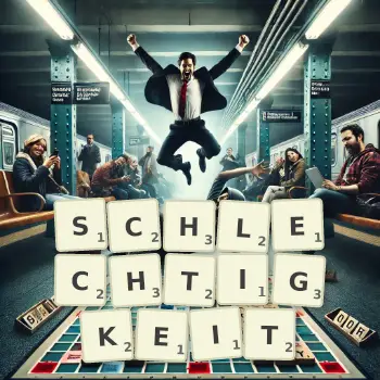 Kreative Illustration für ein Scrabble-Spiel, bei dem das Wort SCHLECHTIGKEIT mit Steinen auf dem Brett gelegt wurde.