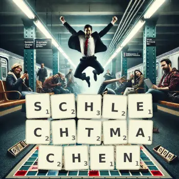 Kreative Illustration für ein Scrabble-Spiel, bei dem das Wort SCHLECHTMACHEN mit Steinen auf dem Brett gelegt wurde.
