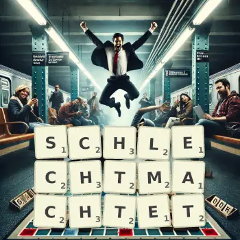 Kreative Illustration für ein Scrabble-Spiel, bei dem das Wort SCHLECHTMACHTET mit Steinen auf dem Brett gelegt wurde.