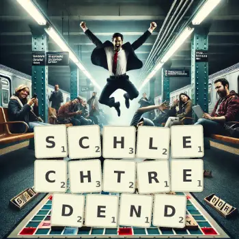 Kreative Illustration für ein Scrabble-Spiel, bei dem das Wort SCHLECHTREDEND mit Steinen auf dem Brett gelegt wurde.
