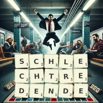Kreative Illustration für ein Scrabble-Spiel, bei dem das Wort SCHLECHTREDENDE mit Steinen auf dem Brett gelegt wurde.