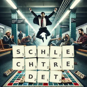 Kreative Illustration für ein Scrabble-Spiel, bei dem das Wort SCHLECHTREDET mit Steinen auf dem Brett gelegt wurde.