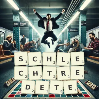 Kreative Illustration für ein Scrabble-Spiel, bei dem das Wort SCHLECHTREDETE mit Steinen auf dem Brett gelegt wurde.