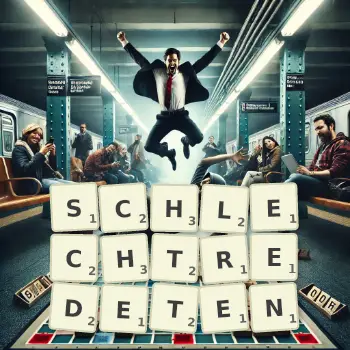 Kreative Illustration für ein Scrabble-Spiel, bei dem das Wort SCHLECHTREDETEN mit Steinen auf dem Brett gelegt wurde.