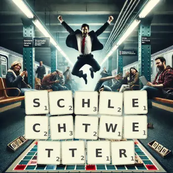 Kreative Illustration für ein Scrabble-Spiel, bei dem das Wort SCHLECHTWETTER mit Steinen auf dem Brett gelegt wurde.
