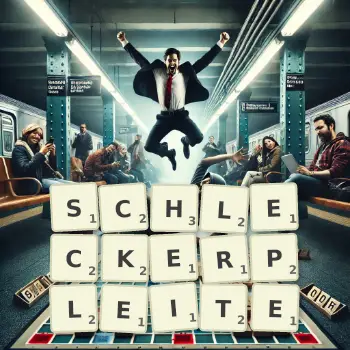 Kreative Illustration für ein Scrabble-Spiel, bei dem das Wort SCHLECKERPLEITE mit Steinen auf dem Brett gelegt wurde.
