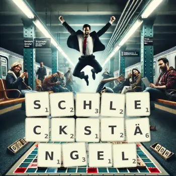 Kreative Illustration für ein Scrabble-Spiel, bei dem das Wort SCHLECKSTÄNGEL mit Steinen auf dem Brett gelegt wurde.