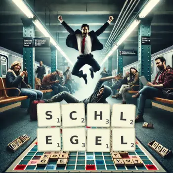 Kreative Illustration für ein Scrabble-Spiel, bei dem das Wort SCHLEGEL mit Steinen auf dem Brett gelegt wurde.
