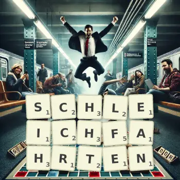 Kreative Illustration für ein Scrabble-Spiel, bei dem das Wort SCHLEICHFAHRTEN mit Steinen auf dem Brett gelegt wurde.