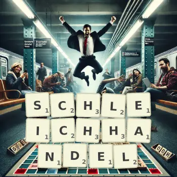 Kreative Illustration für ein Scrabble-Spiel, bei dem das Wort SCHLEICHHANDEL mit Steinen auf dem Brett gelegt wurde.