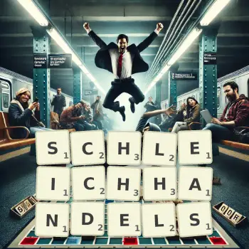 Kreative Illustration für ein Scrabble-Spiel, bei dem das Wort SCHLEICHHANDELS mit Steinen auf dem Brett gelegt wurde.