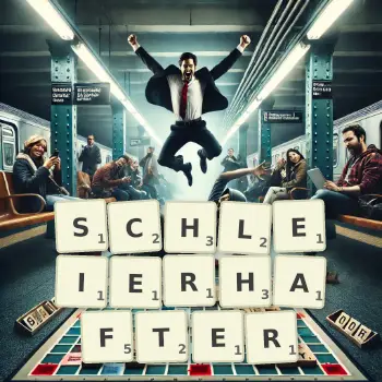 Kreative Illustration für ein Scrabble-Spiel, bei dem das Wort SCHLEIERHAFTER mit Steinen auf dem Brett gelegt wurde.
