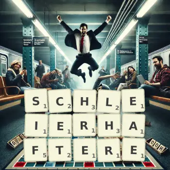 Kreative Illustration für ein Scrabble-Spiel, bei dem das Wort SCHLEIERHAFTERE mit Steinen auf dem Brett gelegt wurde.