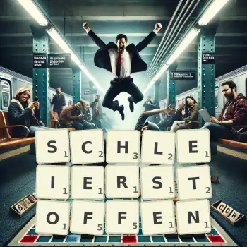 Kreative Illustration für ein Scrabble-Spiel, bei dem das Wort SCHLEIERSTOFFEN mit Steinen auf dem Brett gelegt wurde.