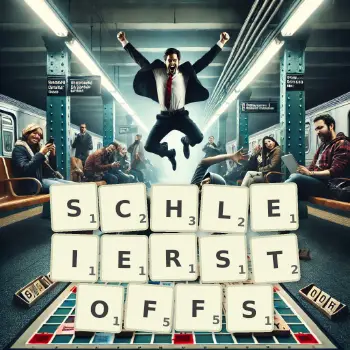Kreative Illustration für ein Scrabble-Spiel, bei dem das Wort SCHLEIERSTOFFS mit Steinen auf dem Brett gelegt wurde.
