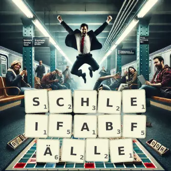 Kreative Illustration für ein Scrabble-Spiel, bei dem das Wort SCHLEIFABFÄLLE mit Steinen auf dem Brett gelegt wurde.