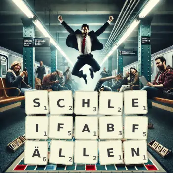 Kreative Illustration für ein Scrabble-Spiel, bei dem das Wort SCHLEIFABFÄLLEN mit Steinen auf dem Brett gelegt wurde.