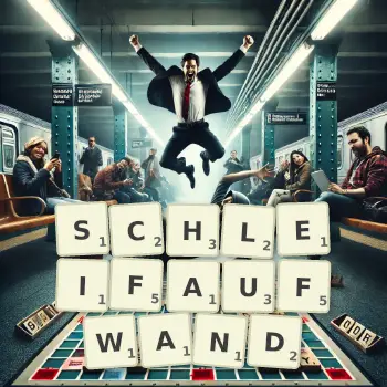 Kreative Illustration für ein Scrabble-Spiel, bei dem das Wort SCHLEIFAUFWAND mit Steinen auf dem Brett gelegt wurde.