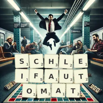 Kreative Illustration für ein Scrabble-Spiel, bei dem das Wort SCHLEIFAUTOMAT mit Steinen auf dem Brett gelegt wurde.