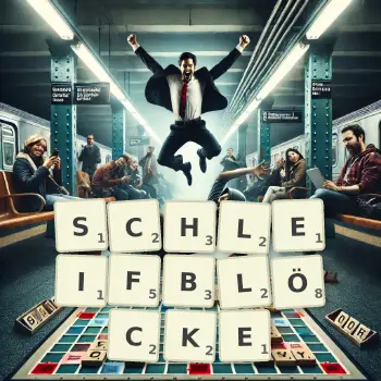 Kreative Illustration für ein Scrabble-Spiel, bei dem das Wort SCHLEIFBLÖCKE mit Steinen auf dem Brett gelegt wurde.