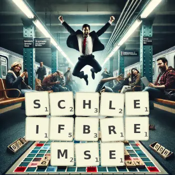 Kreative Illustration für ein Scrabble-Spiel, bei dem das Wort SCHLEIFBREMSE mit Steinen auf dem Brett gelegt wurde.