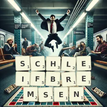 Kreative Illustration für ein Scrabble-Spiel, bei dem das Wort SCHLEIFBREMSEN mit Steinen auf dem Brett gelegt wurde.