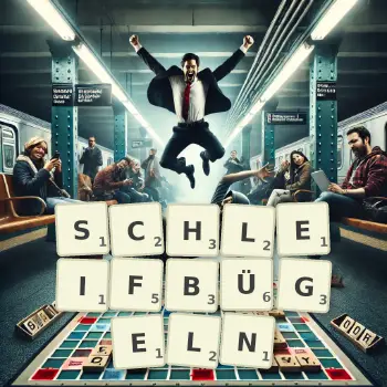 Kreative Illustration für ein Scrabble-Spiel, bei dem das Wort SCHLEIFBÜGELN mit Steinen auf dem Brett gelegt wurde.