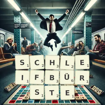 Kreative Illustration für ein Scrabble-Spiel, bei dem das Wort SCHLEIFBÜRSTE mit Steinen auf dem Brett gelegt wurde.