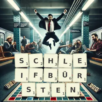 Kreative Illustration für ein Scrabble-Spiel, bei dem das Wort SCHLEIFBÜRSTEN mit Steinen auf dem Brett gelegt wurde.