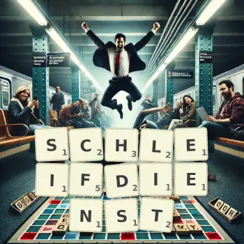Kreative Illustration für ein Scrabble-Spiel, bei dem das Wort SCHLEIFDIENST mit Steinen auf dem Brett gelegt wurde.