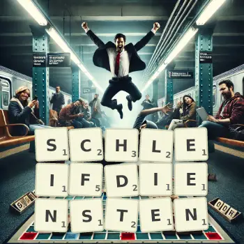 Kreative Illustration für ein Scrabble-Spiel, bei dem das Wort SCHLEIFDIENSTEN mit Steinen auf dem Brett gelegt wurde.