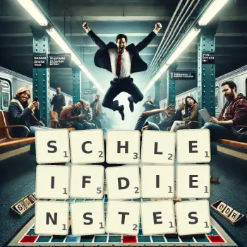 Kreative Illustration für ein Scrabble-Spiel, bei dem das Wort SCHLEIFDIENSTES mit Steinen auf dem Brett gelegt wurde.