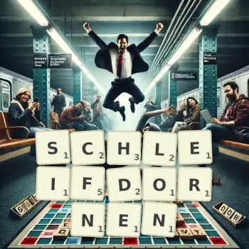 Kreative Illustration für ein Scrabble-Spiel, bei dem das Wort SCHLEIFDORNEN mit Steinen auf dem Brett gelegt wurde.