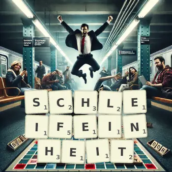 Kreative Illustration für ein Scrabble-Spiel, bei dem das Wort SCHLEIFEINHEIT mit Steinen auf dem Brett gelegt wurde.