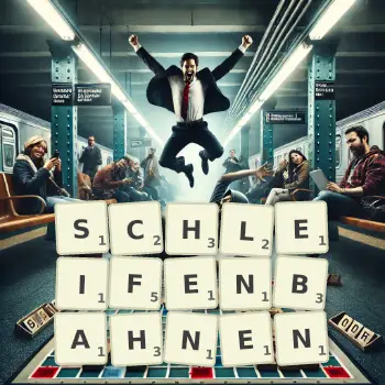 Kreative Illustration für ein Scrabble-Spiel, bei dem das Wort SCHLEIFENBAHNEN mit Steinen auf dem Brett gelegt wurde.