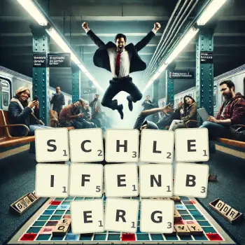 Kreative Illustration für ein Scrabble-Spiel, bei dem das Wort SCHLEIFENBERG mit Steinen auf dem Brett gelegt wurde.
