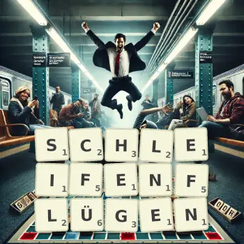 Kreative Illustration für ein Scrabble-Spiel, bei dem das Wort SCHLEIFENFLÜGEN mit Steinen auf dem Brett gelegt wurde.