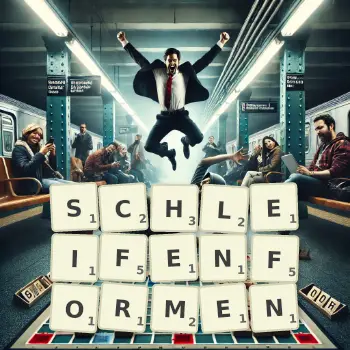Kreative Illustration für ein Scrabble-Spiel, bei dem das Wort SCHLEIFENFORMEN mit Steinen auf dem Brett gelegt wurde.