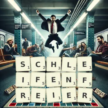 Kreative Illustration für ein Scrabble-Spiel, bei dem das Wort SCHLEIFENFREIER mit Steinen auf dem Brett gelegt wurde.
