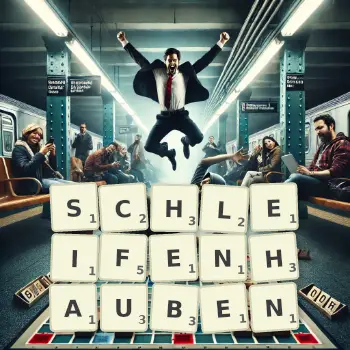 Kreative Illustration für ein Scrabble-Spiel, bei dem das Wort SCHLEIFENHAUBEN mit Steinen auf dem Brett gelegt wurde.