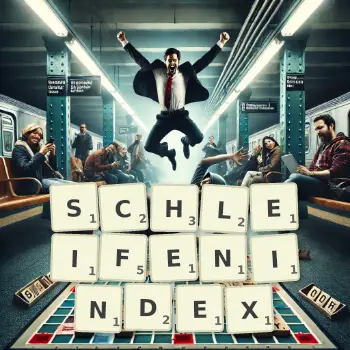 Kreative Illustration für ein Scrabble-Spiel, bei dem das Wort SCHLEIFENINDEX mit Steinen auf dem Brett gelegt wurde.