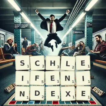 Kreative Illustration für ein Scrabble-Spiel, bei dem das Wort SCHLEIFENINDEXE mit Steinen auf dem Brett gelegt wurde.