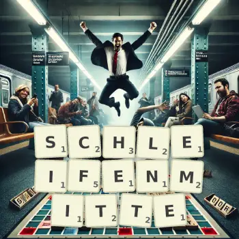 Kreative Illustration für ein Scrabble-Spiel, bei dem das Wort SCHLEIFENMITTE mit Steinen auf dem Brett gelegt wurde.
