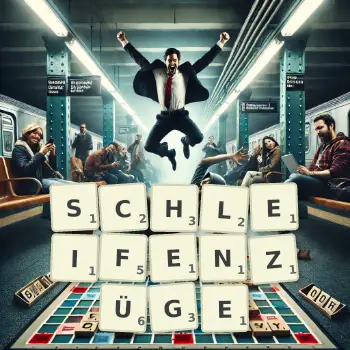 Kreative Illustration für ein Scrabble-Spiel, bei dem das Wort SCHLEIFENZÜGE mit Steinen auf dem Brett gelegt wurde.