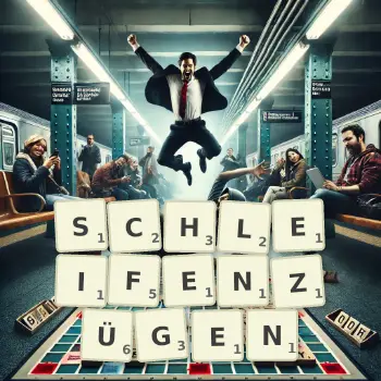 Kreative Illustration für ein Scrabble-Spiel, bei dem das Wort SCHLEIFENZÜGEN mit Steinen auf dem Brett gelegt wurde.