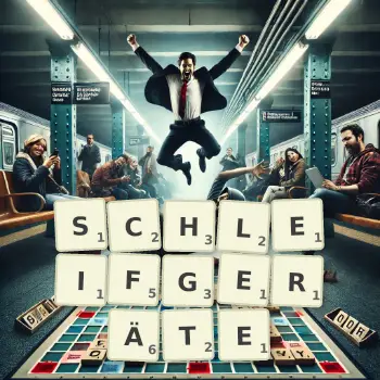 Kreative Illustration für ein Scrabble-Spiel, bei dem das Wort SCHLEIFGERÄTE mit Steinen auf dem Brett gelegt wurde.