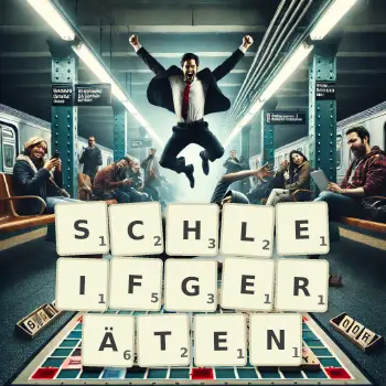 Kreative Illustration für ein Scrabble-Spiel, bei dem das Wort SCHLEIFGERÄTEN mit Steinen auf dem Brett gelegt wurde.