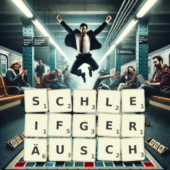 Kreative Illustration für ein Scrabble-Spiel, bei dem das Wort SCHLEIFGERÄUSCH mit Steinen auf dem Brett gelegt wurde.
